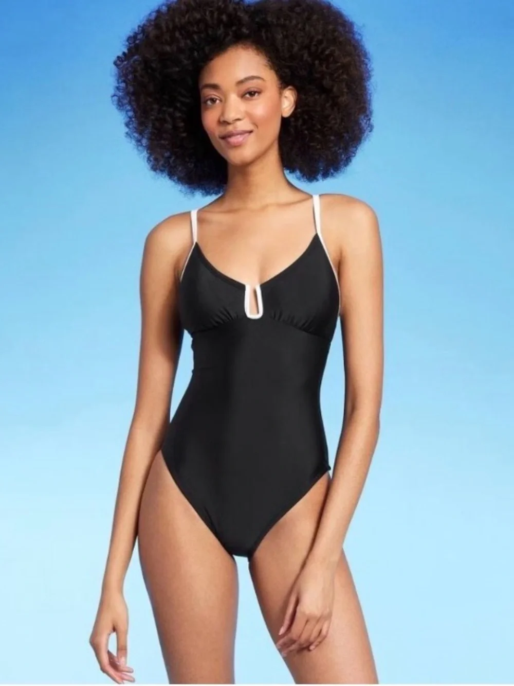 Shade & Shore Black One-Piece Swimsuit with White Straps